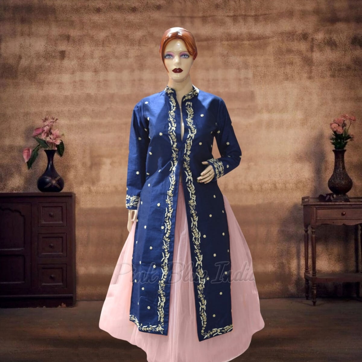 Blue skirt with long jacket for women, stylish ethnic wear for weddings