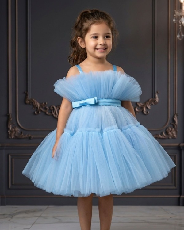 Sky blue baby girl dress frock, toddler birthday party wear, cute kids outfit