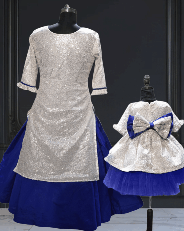 Mother daughter matching silver sequin dresses party wear by Pink Blue India
