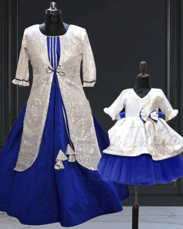 Mother daughter coordinated party dresses silver theme by Pink Blue India