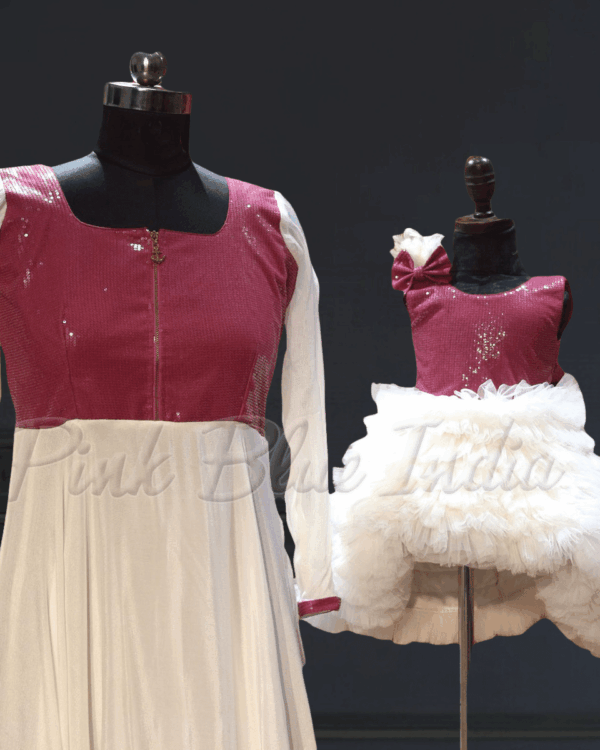 Mother daughter white chinnon dress matching outfit elegant wear by Pink Blue India