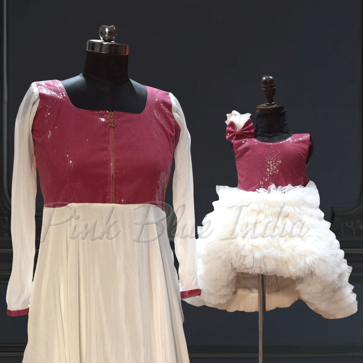 Mother daughter white chinnon dress matching outfit elegant wear by Pink Blue India