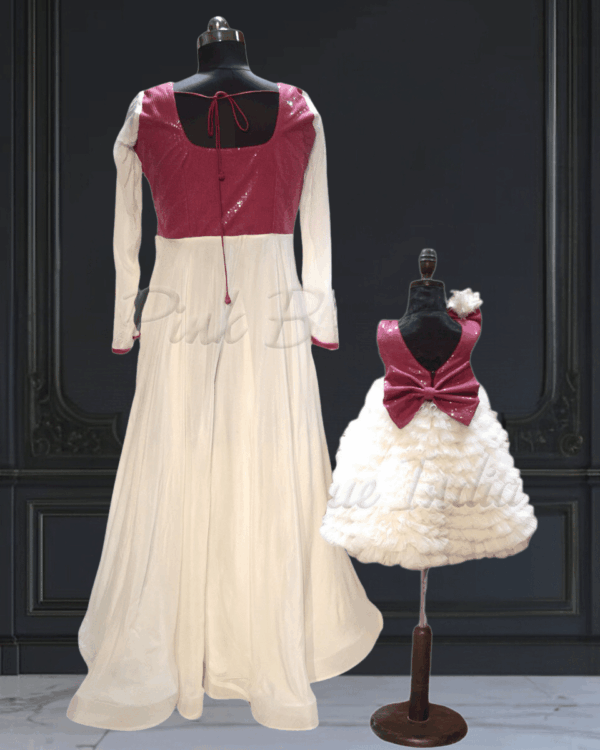 Mom daughter white chinnon matching dress for party by Pink Blue India