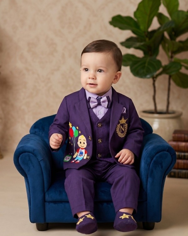 Kids boy purple velvet Cocomelon theme 3 piece suit for birthday party stylish celebration outfit