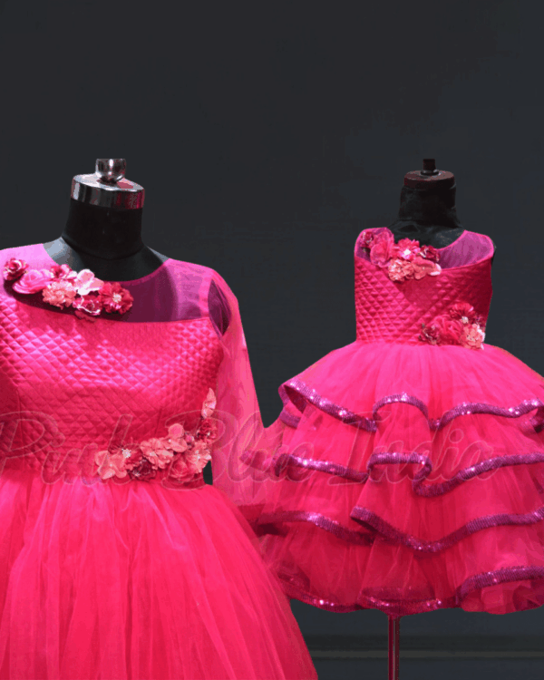 Mom and daughter flower print matching dress for events by Pink Blue India