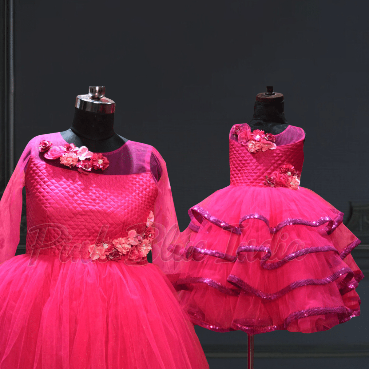 Mom and daughter flower print matching dress for events by Pink Blue India