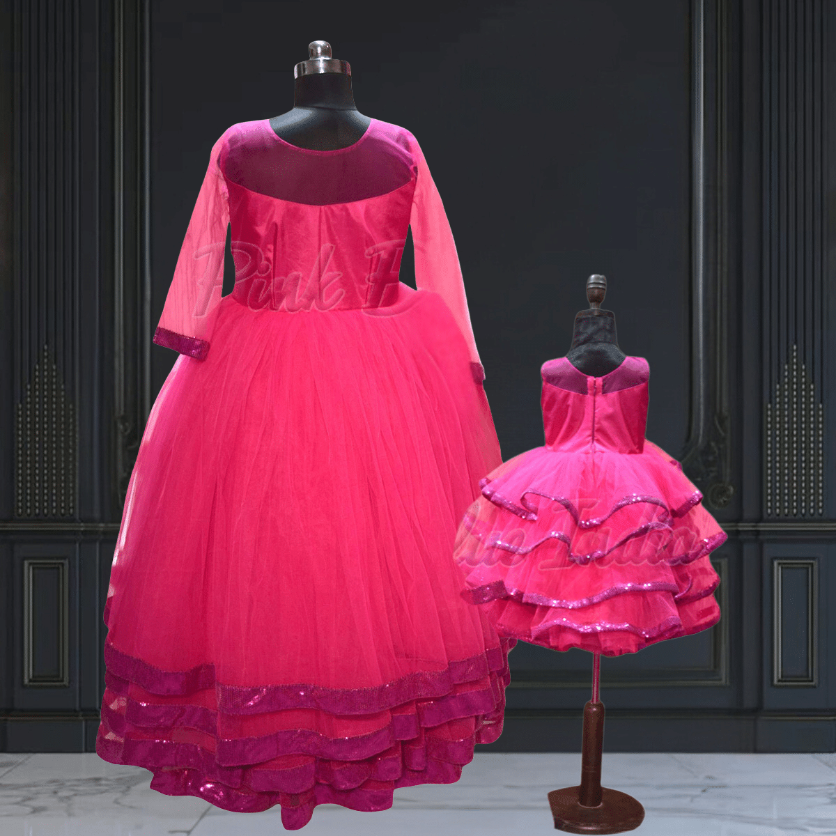 Mother daughter floral matching outfit for festive wear by Pink Blue India