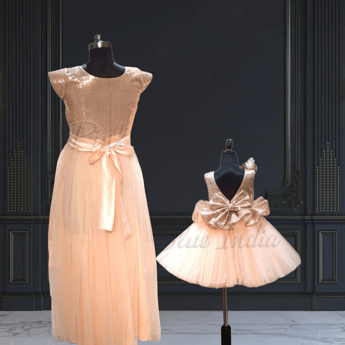 Mom daughter evening gown matching outfit for parties by Pink Blue India