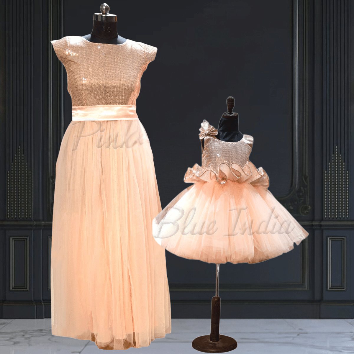 Mother daughter elegant evening gown matching set by Pink Blue India