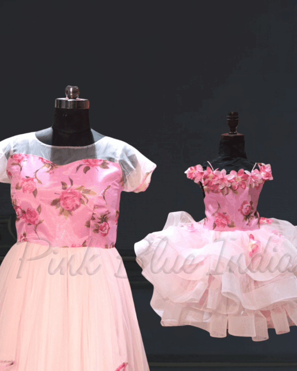 Mom daughter matching long gown elegant party outfit by Pink Blue India