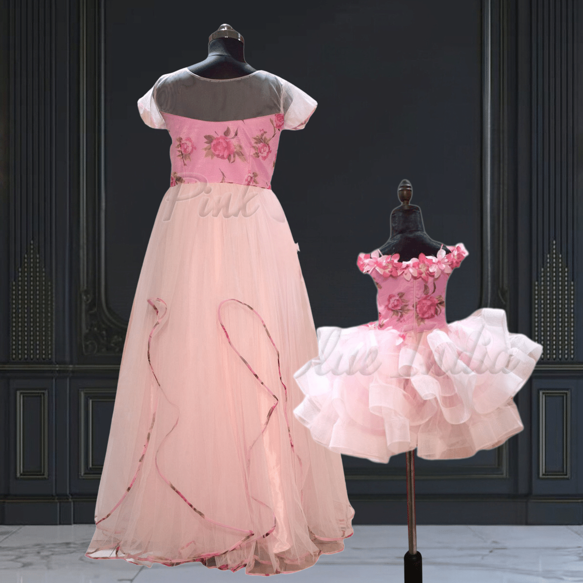 Mother daughter party wear long gown for special occasions by Pink Blue India