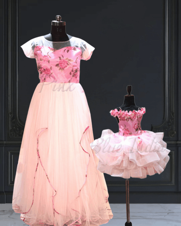 Mother daughter coordinated party gown stylish matching outfit by Pink Blue India