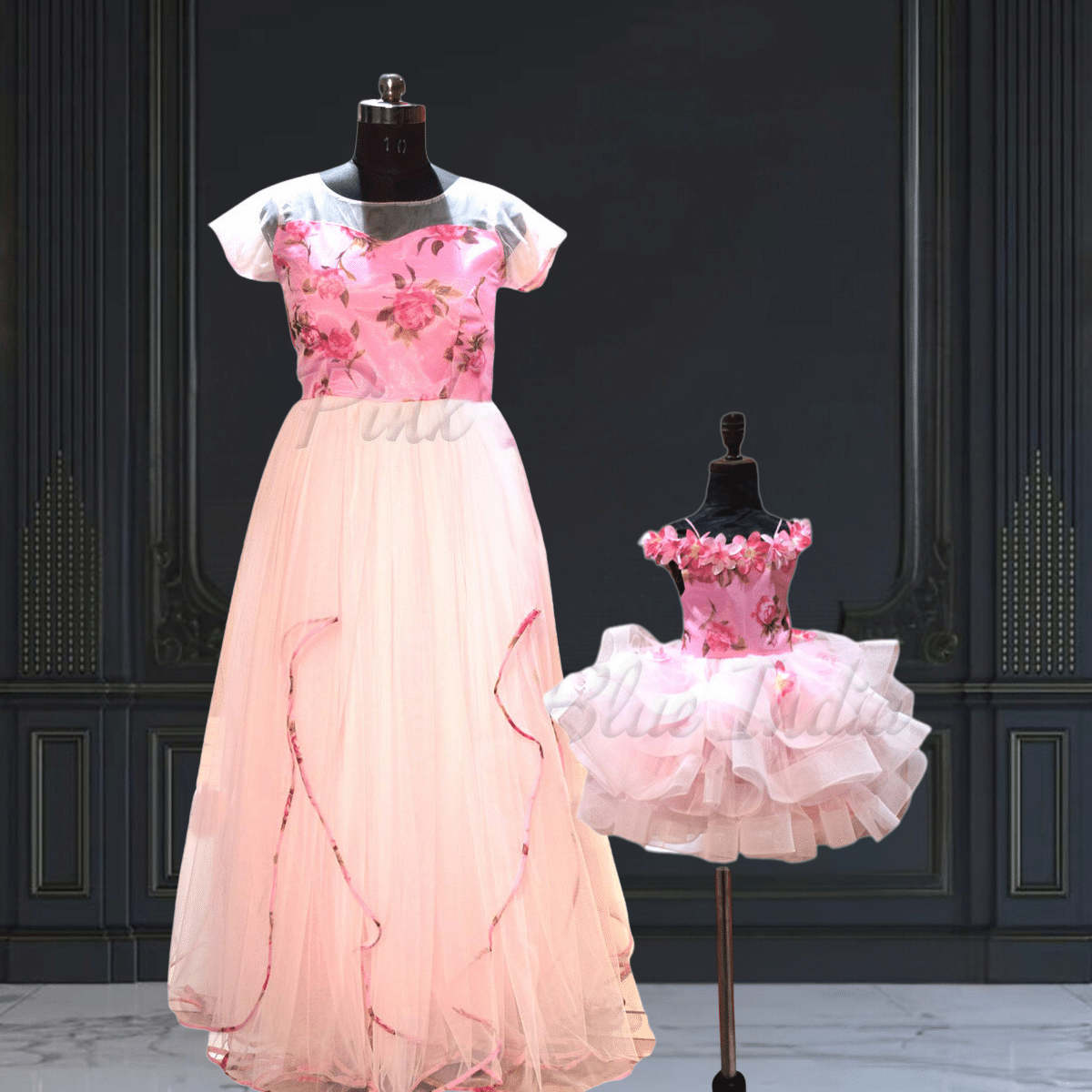 Mother daughter coordinated party gown stylish matching outfit by Pink Blue India