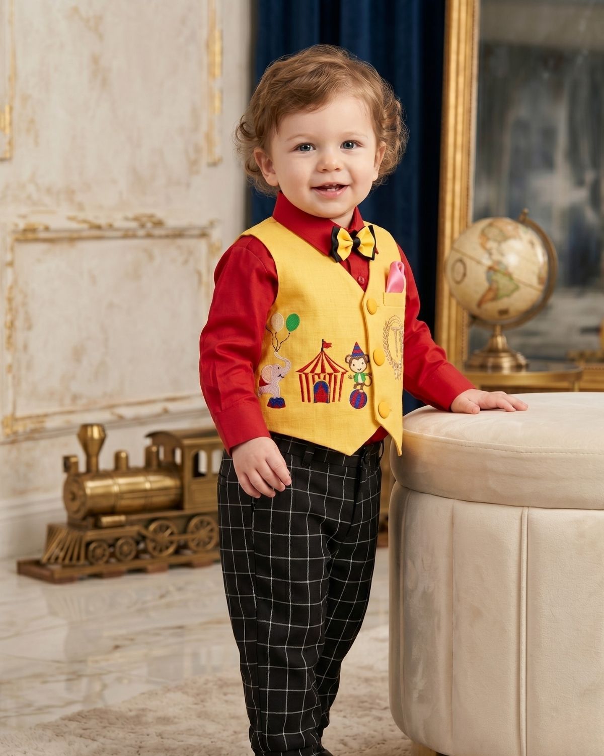 Toddler boy yellow red circus carnival theme waistcoat embroidered name for birthday party outfit