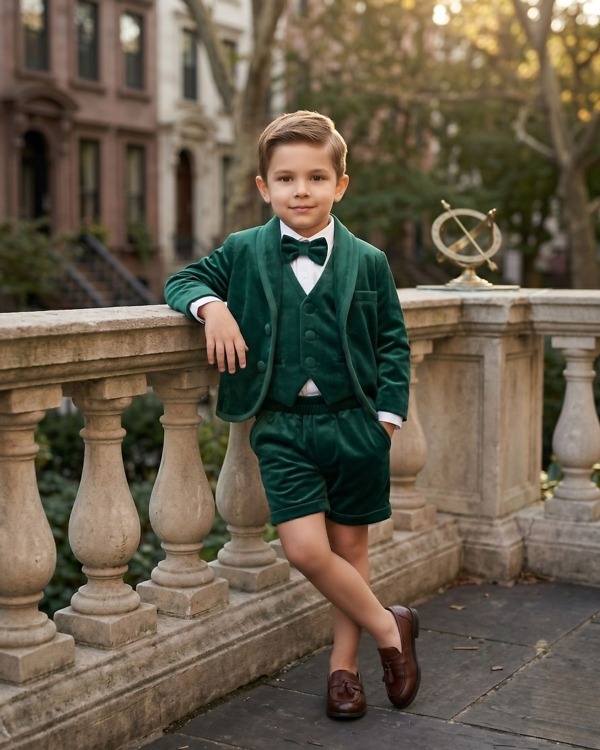 Baby boy dark green velvet blazer with shorts and bow tie for wedding birthday party kids gift