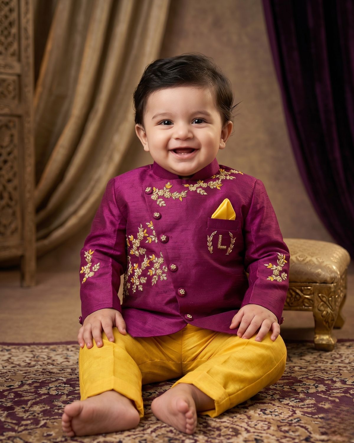Baby boy purple embroidered kurta pajama set, designer ethnic wear for wedding & sangeet