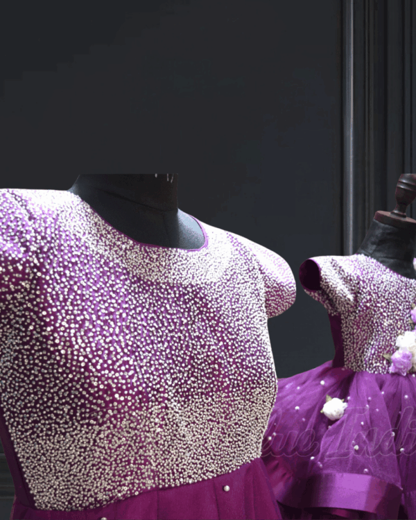 Mom daughter handwork matching dress for festive wear by Pink Blue India