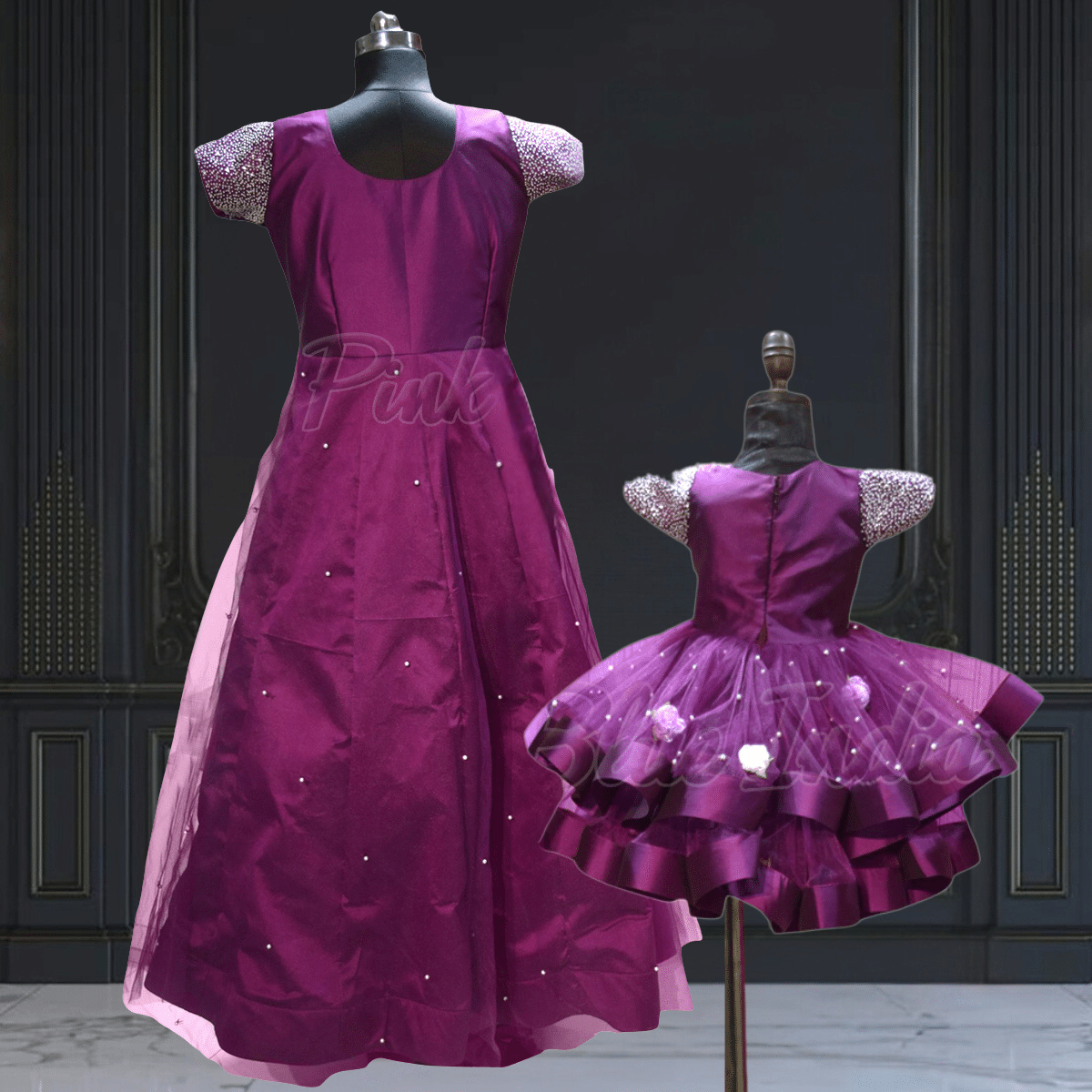 Mother daughter handwork dress matching combo designer outfit by Pink Blue India
