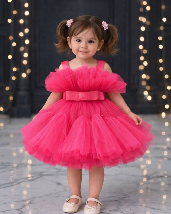 Hot pink tutu baby girl dress frock, birthday party outfit for kids