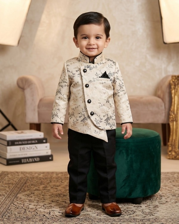 Kids boy cream printed Nehru jacket with dark pants for wedding ethnic family function gift wear