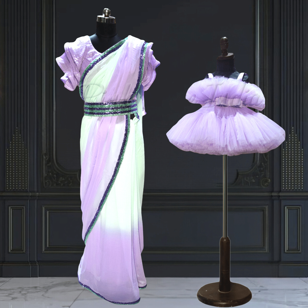 Designer mother daughter saree and gown combo for festive wear by Pink Blue India