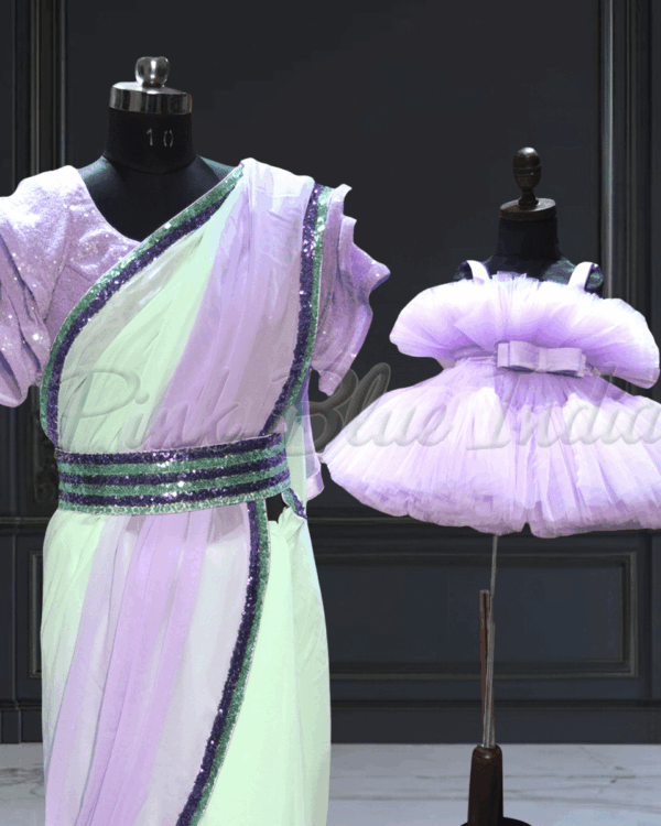 Mother daughter ethnic saree gown matching outfit for weddings by Pink Blue India