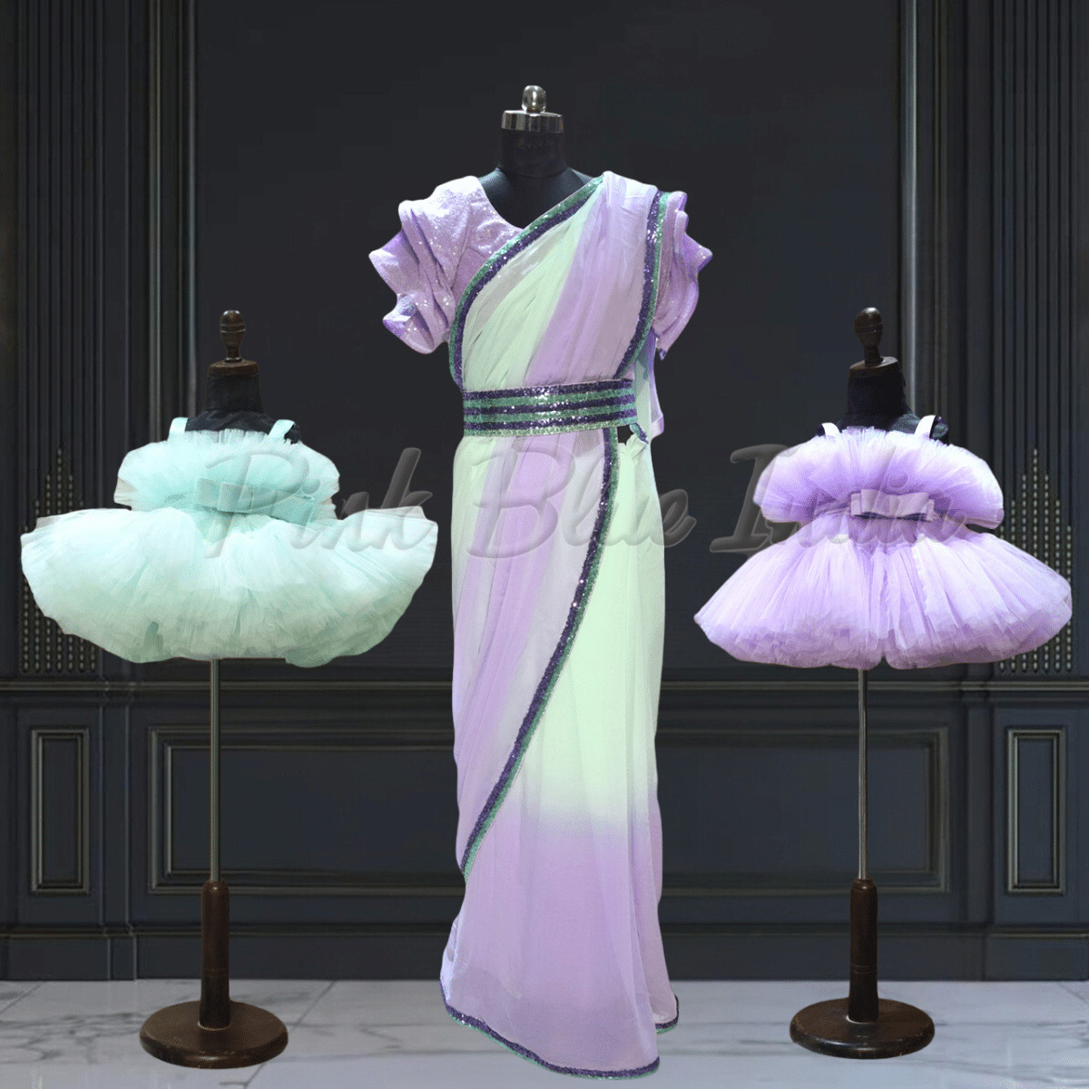 Mother daughter wedding saree gown matching outfit set by Pink Blue India