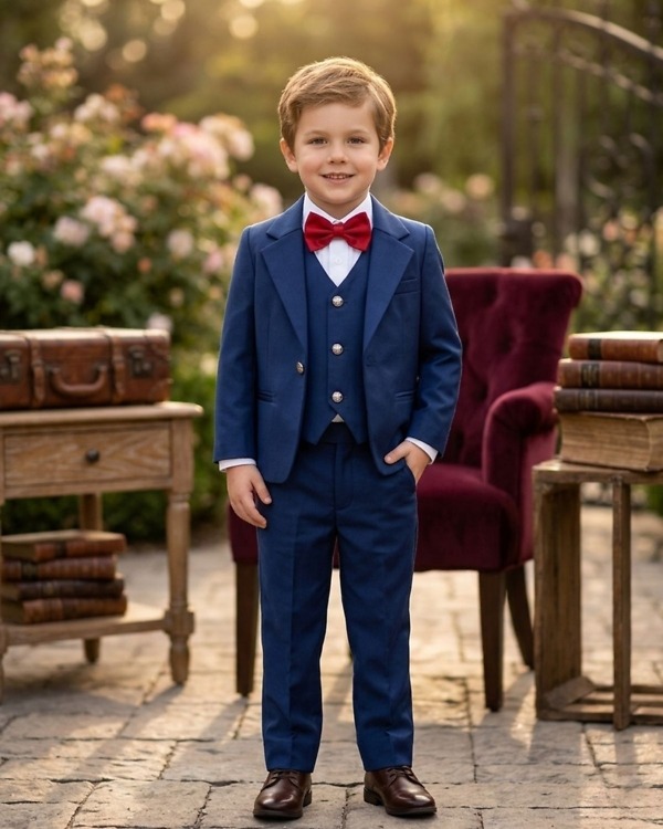 Toddler boy royal blue 5 piece suit with red bow tie for wedding birthday formal party celebration
