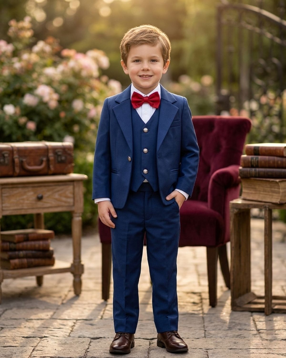 Toddler boy royal blue 5 piece suit with red bow tie for wedding birthday formal party celebration