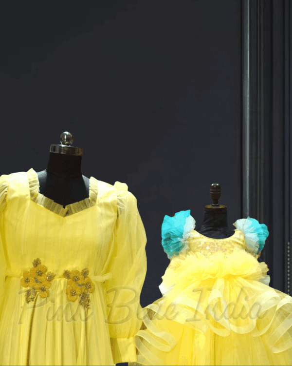 Mother daughter yellow party gown elegant matching dress by Pink Blue India
