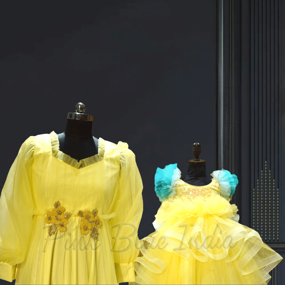 Mother daughter yellow party gown elegant matching dress by Pink Blue India
