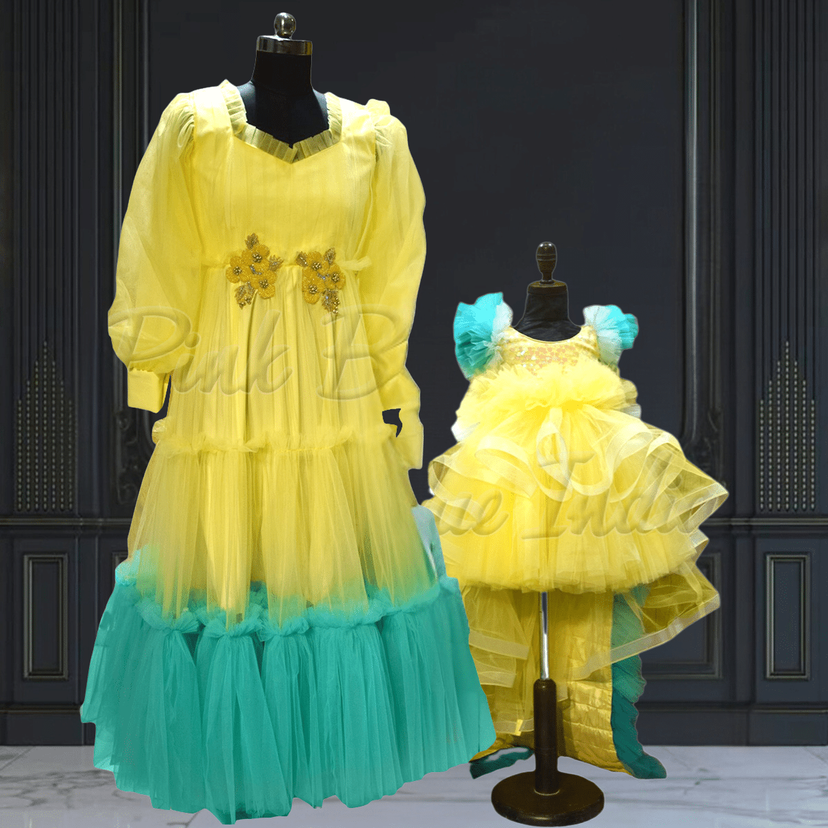 Mother daughter coordinated yellow gown stylish combo by Pink Blue India