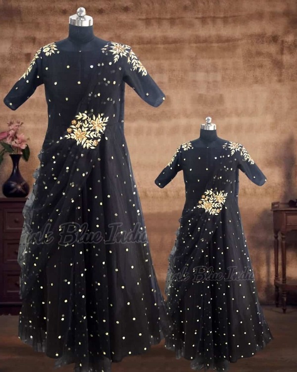 Mother daughter black gown combo family festive party wear stylish elegant outfit