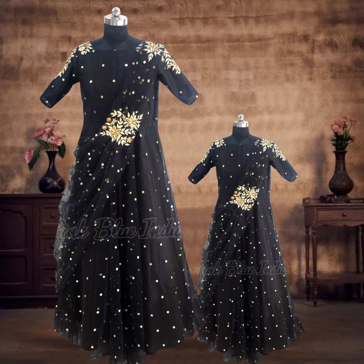 Mother daughter black gown combo family festive party wear stylish elegant outfit