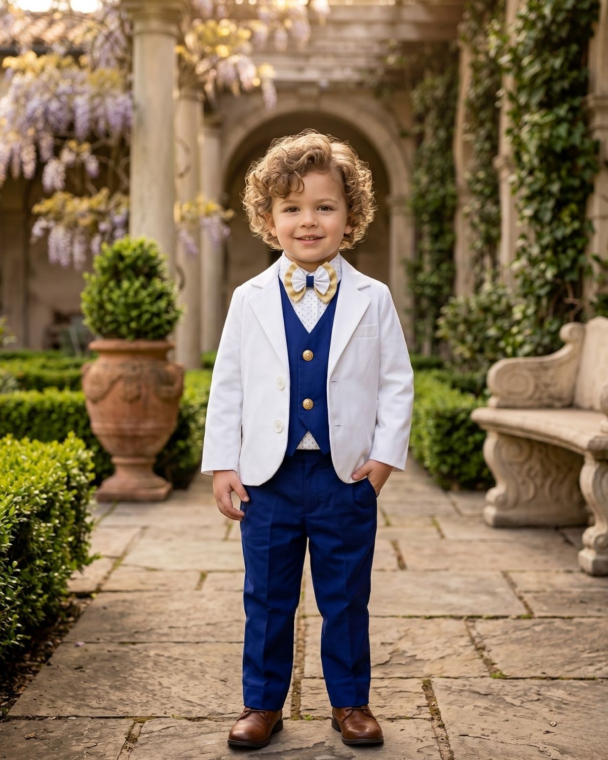 Baby boy white 2 button blazer with navy pants and bow tie for wedding formal party kids gift