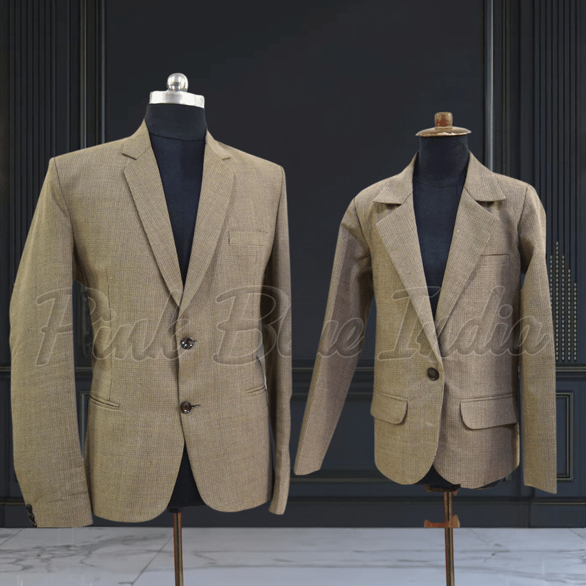 Father son beige coat blazer coordinated outfit for occasions by Pink Blue India