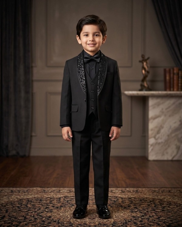 Kids boy black sequined textured tuxedo with bow tie for wedding stylish formal party celebration