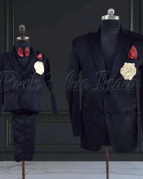Father son black velvet formal suit set with waistcoat