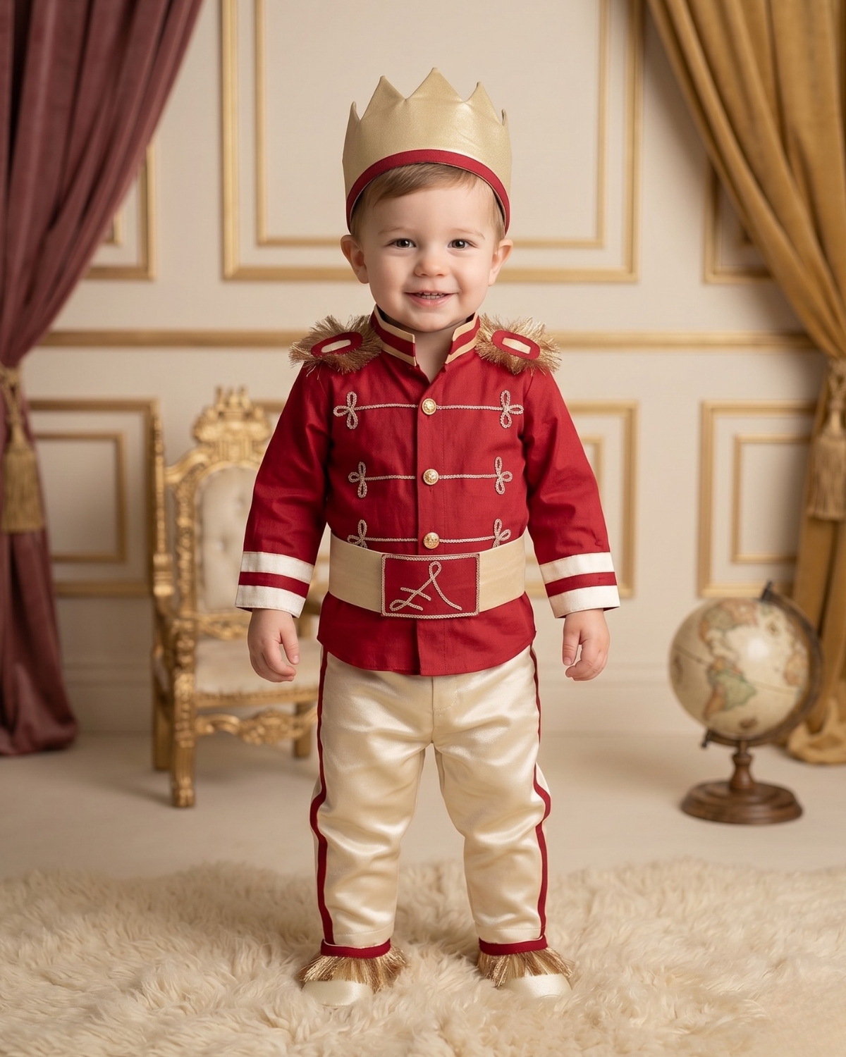 Personalised prince charming first birthday costume for baby boys, a regal custom-name cake-smash photoshoot fit