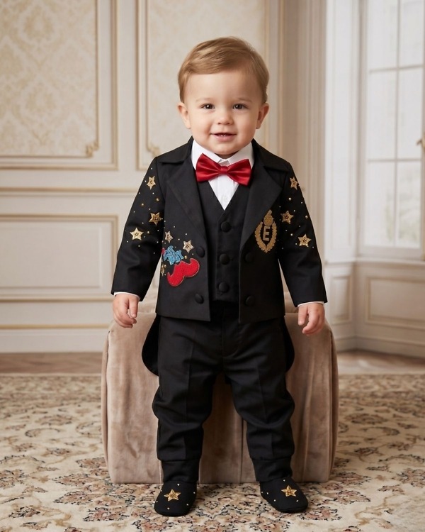 Kids boy black Boss Baby theme embroidered blazer with red bow tie for birthday party personalized