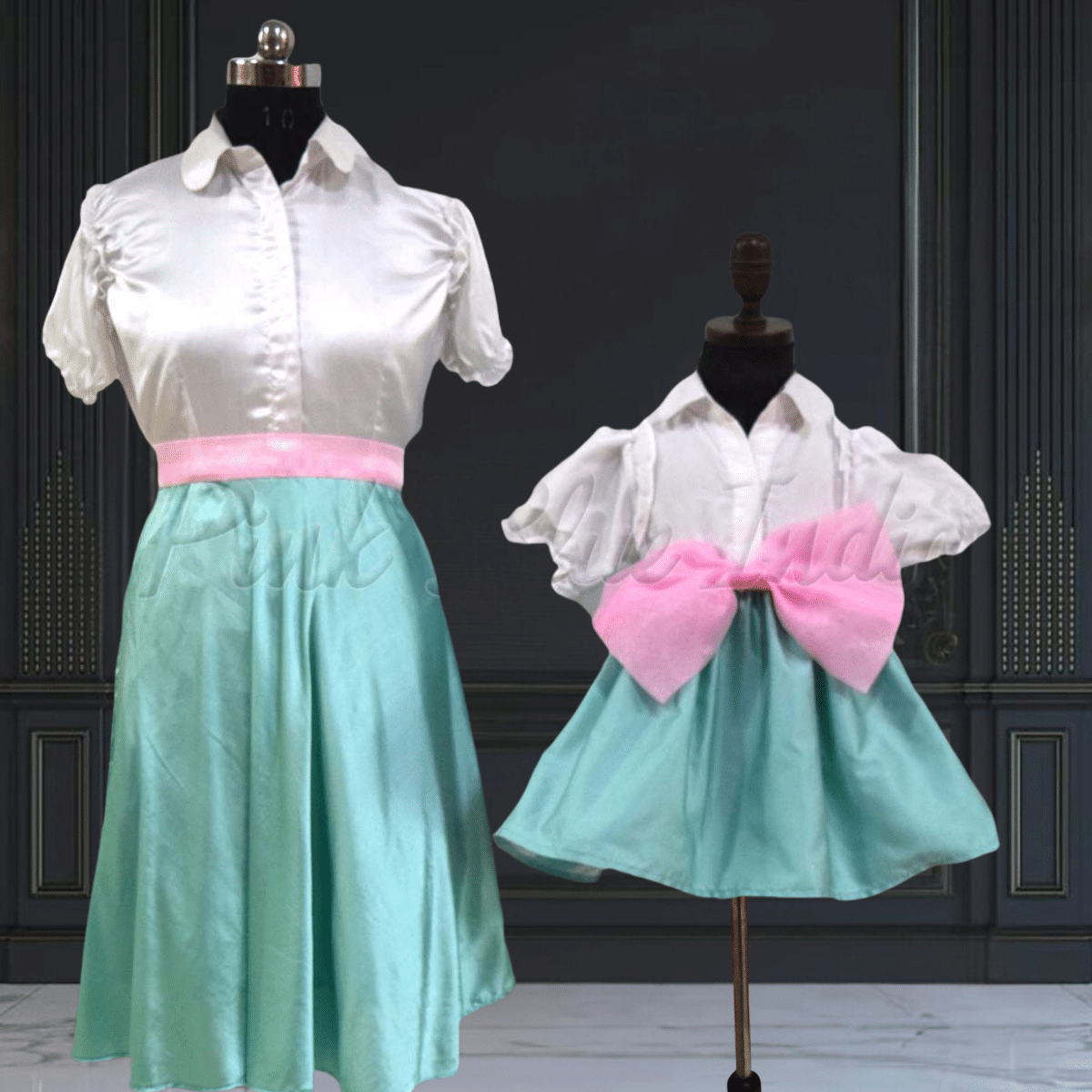 Mother daughter coordinated frock set for party wear by Pink Blue India