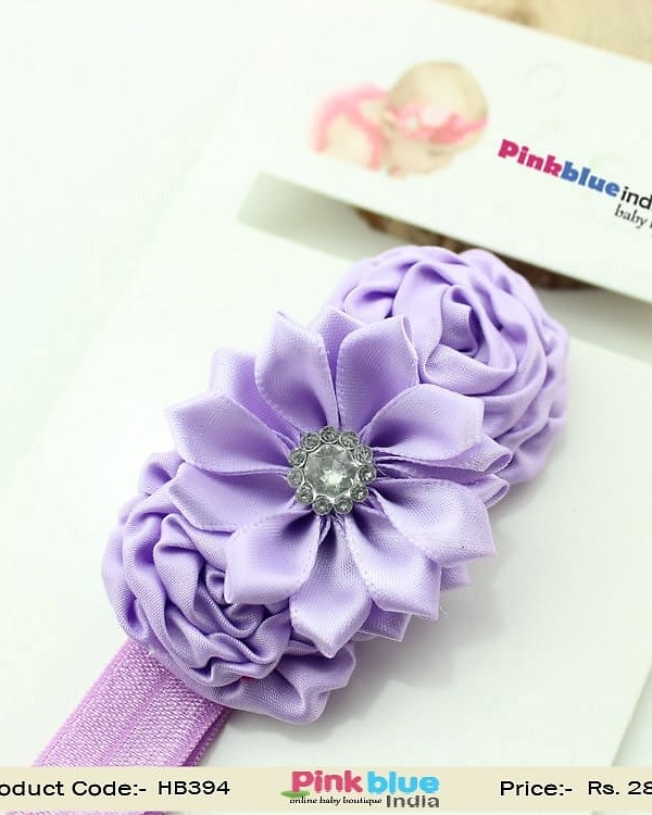 Lavender satin flower headband for infant festive photoshoots