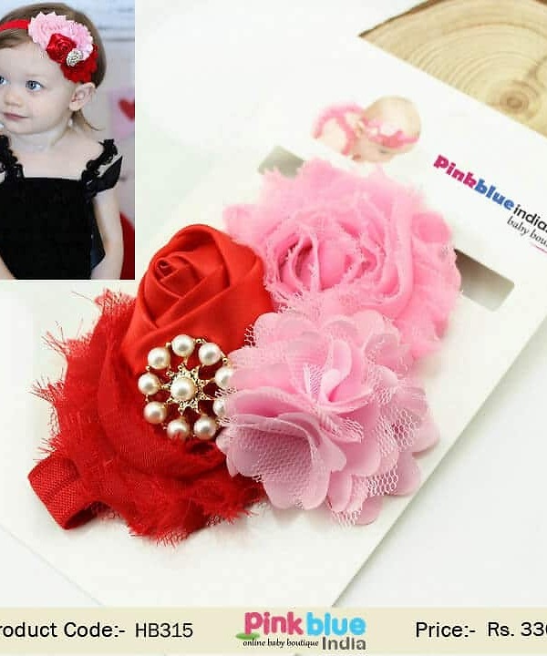 Pink and red infant girl headband for traditional festivals and weddings