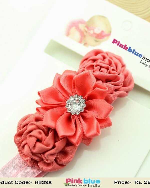Salmon baby headband with flowers for wedding & festive styling