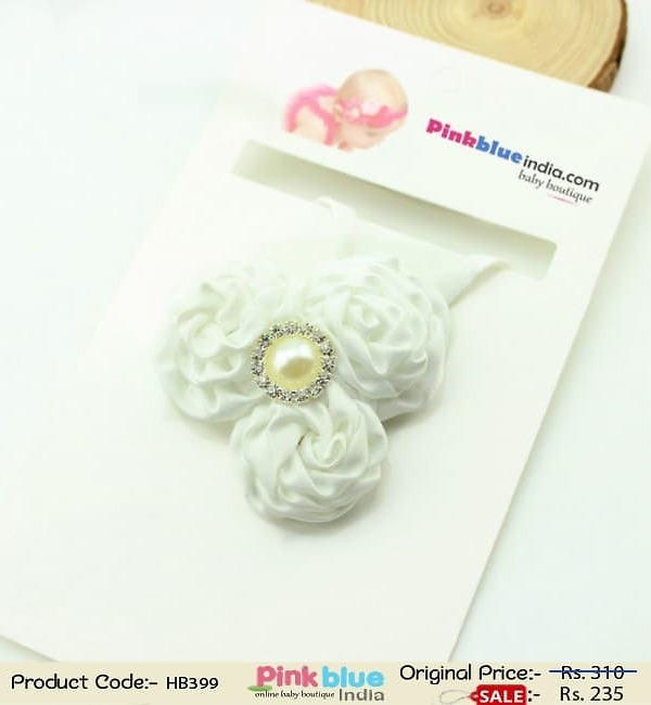 Triple flower white baby girl headband for christening ceremony