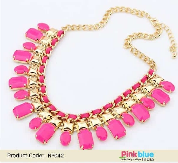 Statement necklace for women pink beads gold motif party wear stylish gifting