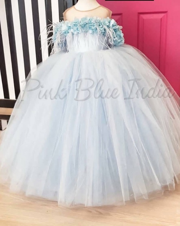 Blue net party dress for baby girl birthday celebration stylish elegant outfit