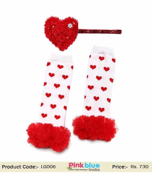 White red heart baby leg warmers with headband, birthday outfit accessory, cute look