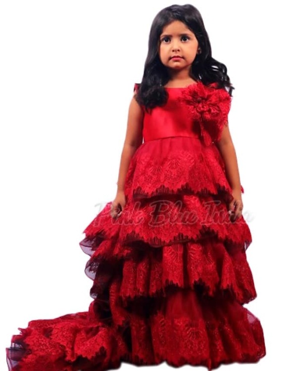 Baby girl maroon birthday gown for party celebration elegant look