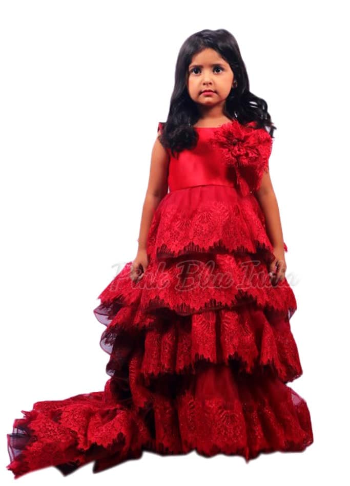 Baby girl maroon birthday gown for party celebration elegant look